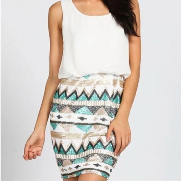 Myan Sequin Dress Southwestern White Gold Green Black M - Picture 1 of 9